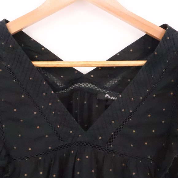 Madewell Polka Dot Ruffle Top Womens Peasant Boho Dark Romantic Office Size L - Picture 6 of 11
